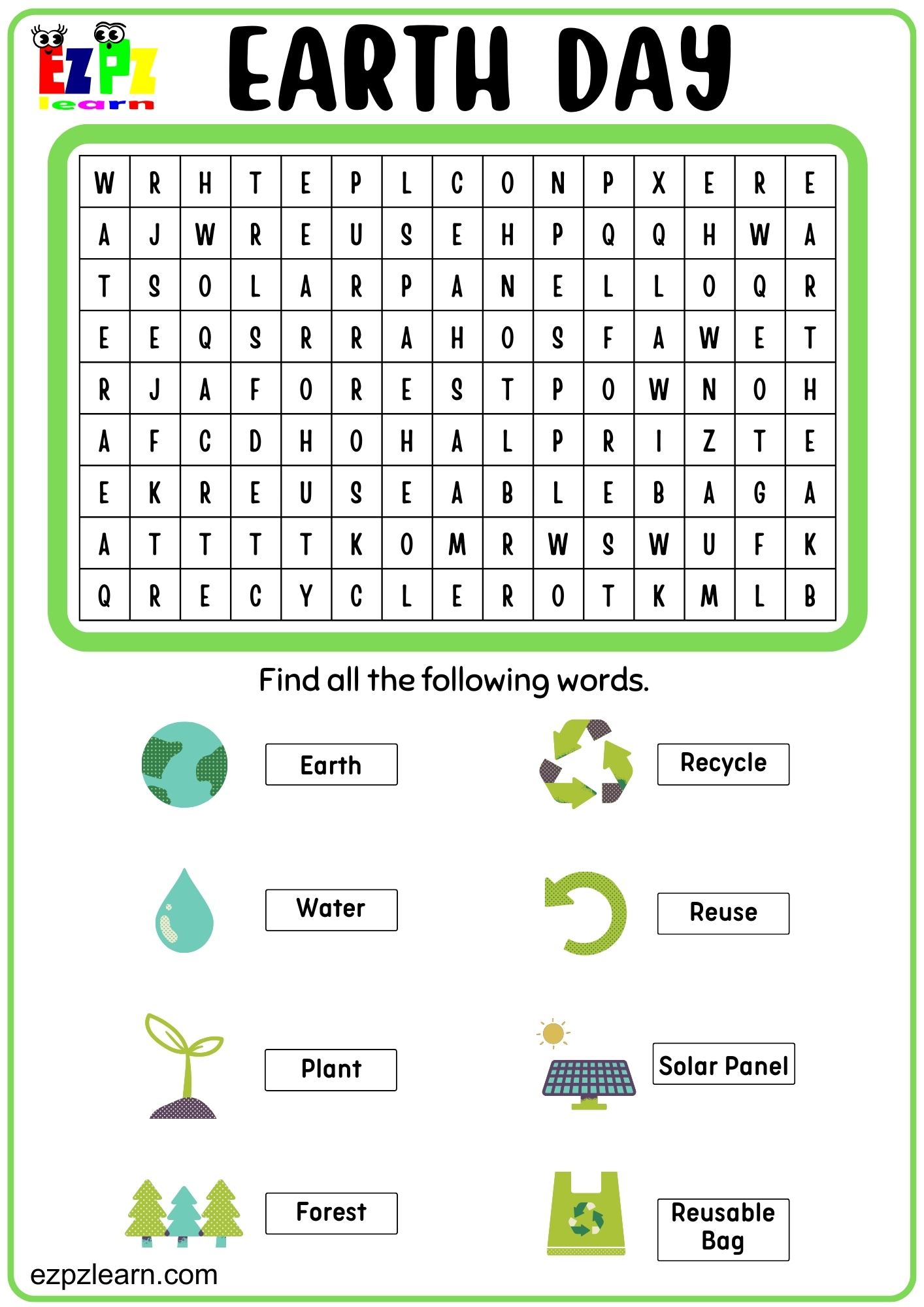 Earth Day Word Search for Kids 8 Words Free PDF Download